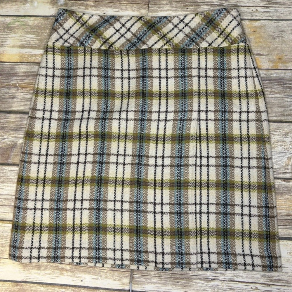 Ann Taylor Cream Blue Plaid Wool Blend Preppy Academia Straight Skirt Sz 8P